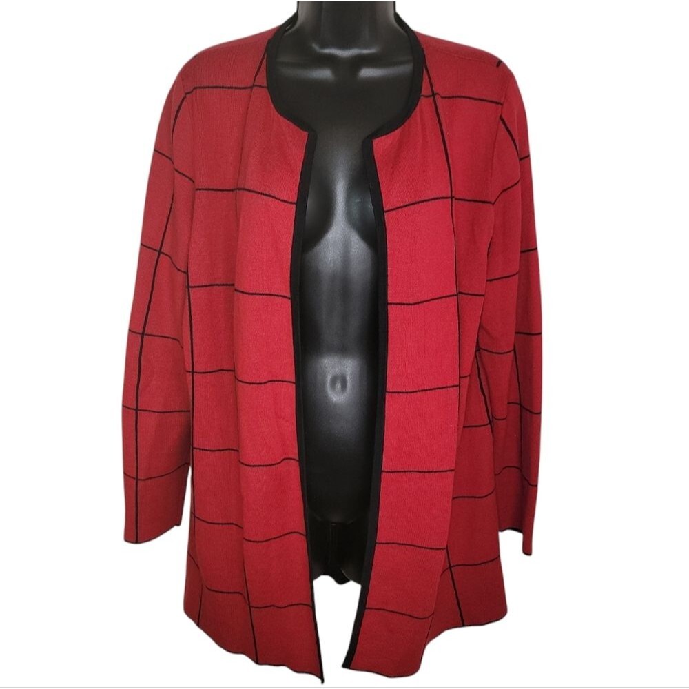Talbots Windowpane Red & Black Open front cardigan size medium